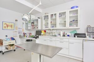 Behandlungszimmer mit Tisch und Schränken